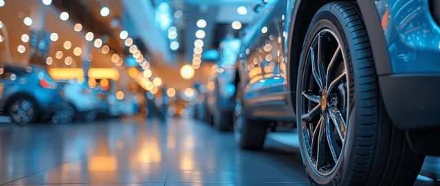 Close-up of a blue SUV wheel beside a dealership lane with blurred cars and glowing lights in the distance.