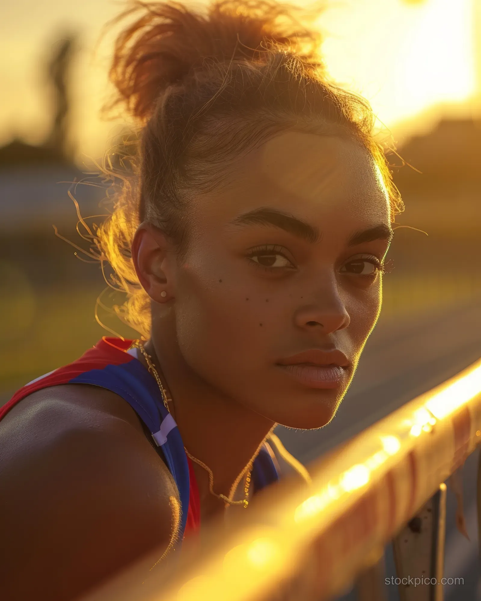 French female hurdler crouches on a track at sunset, adjusting spikes while preparing for 400m hurdles.