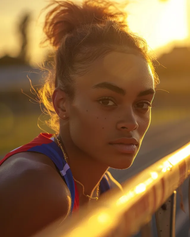 French female hurdler crouches on track during sunset, adjusting spikes before 400m hurdles