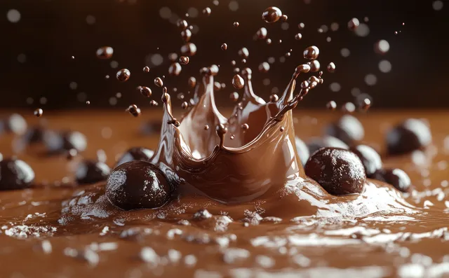 Liquid chocolate splash crowns dark cocoa ripples on a wooden surface
