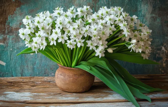 Wild garlic flowers arranged in rustic pottery on weathered wood