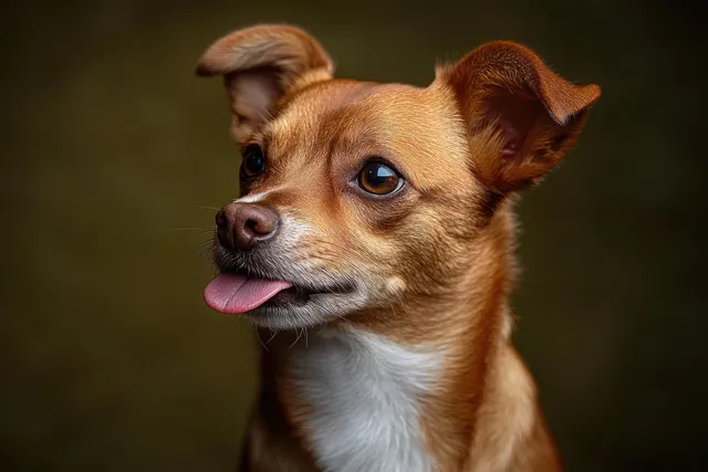 Small brown dog with a white chest keeps its tongue out in a close-up portrait against a dark blurred background.