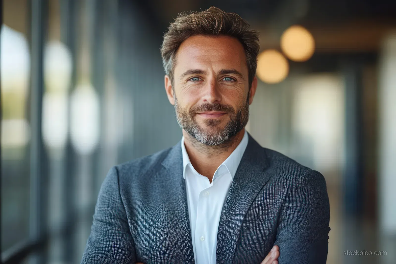 Smiling senior businessman consultant stands in a modern office with softly blurred windows behind him.