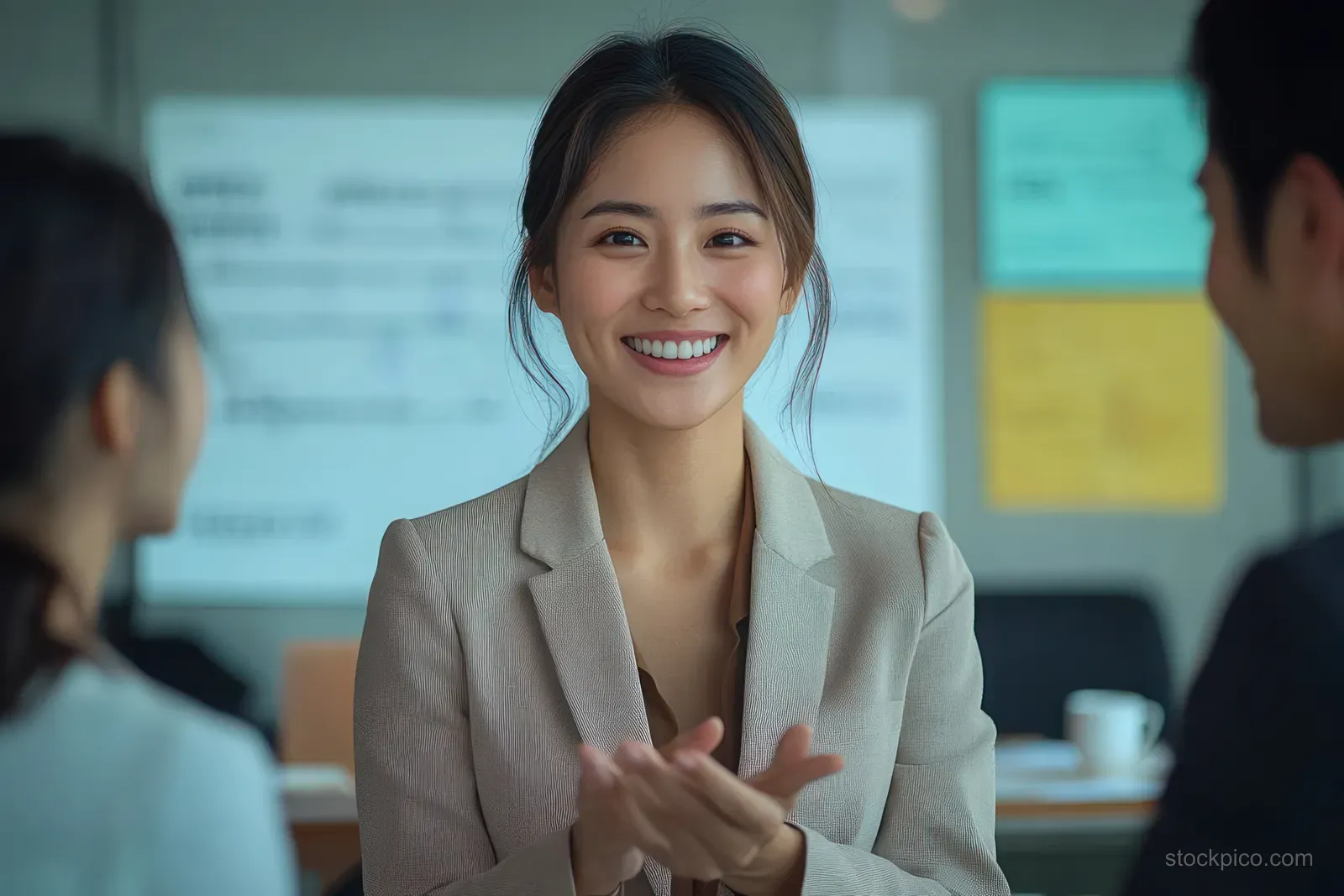 Smiling businesswoman claps during a meeting in a modern office, with colleagues seated nearby.