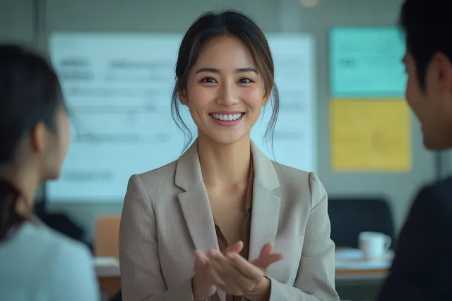 Smiling businesswoman claps during a meeting in a modern office, with colleagues seated nearby.
