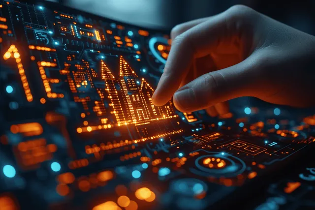 A hand adjusts glowing financial charts on a dashboard with loan and investment indicators.
