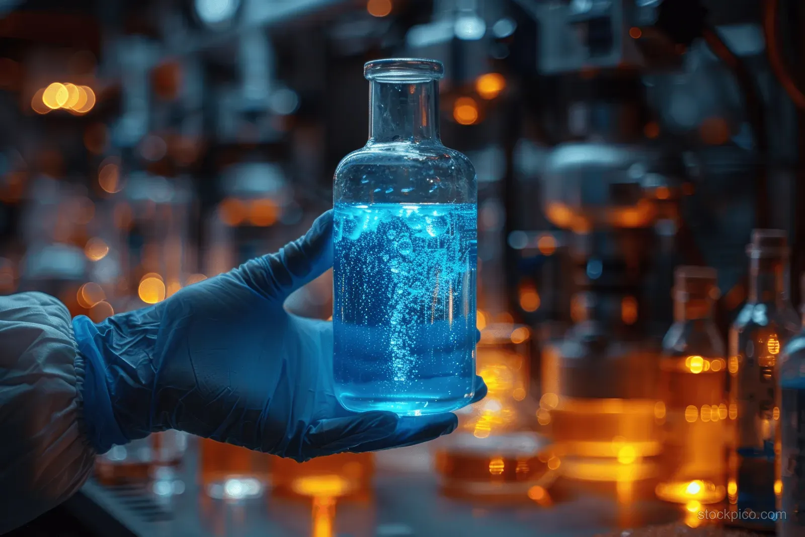 A gloved scientist holds a glass flask containing bright blue bubbling liquid in a softly lit laboratory.