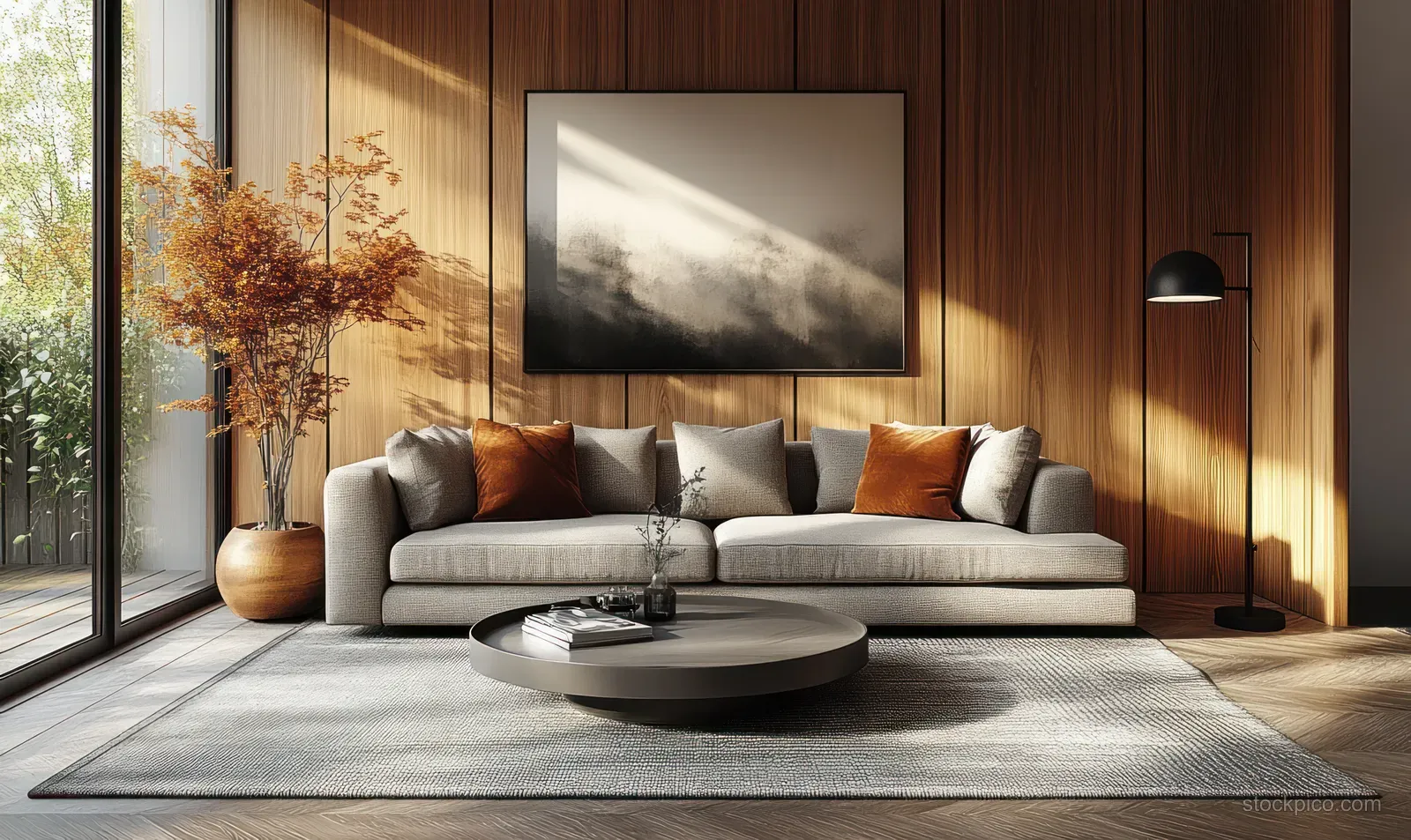 Grey sectional sofa in a minimalist living room lit by a warm floor lamp beside framed wall art and large window light.