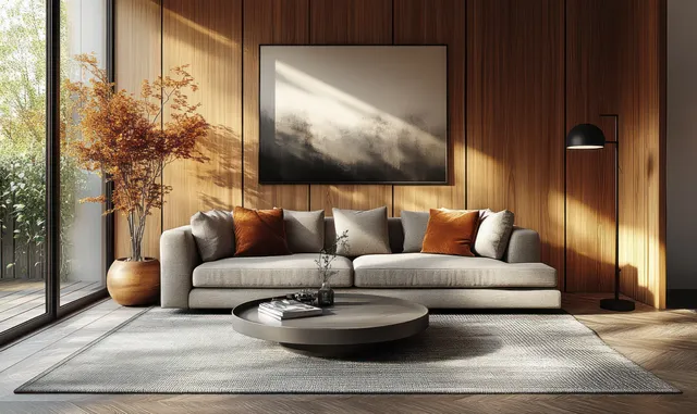 Grey sectional sofa in a minimalist living room lit by a warm floor lamp beside framed wall art and large window light.