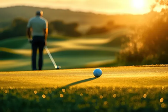 Golf ball on putting green at sunset while golfer lines up a putt