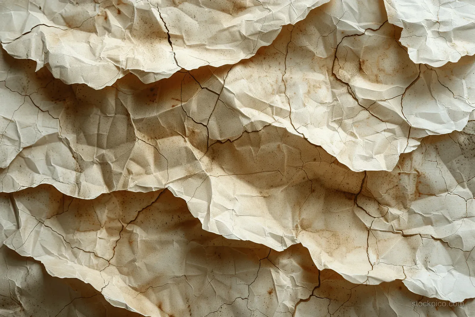 Beige crumpled paper sheets with worn folds and faded grain texture filling the frame from a top view.