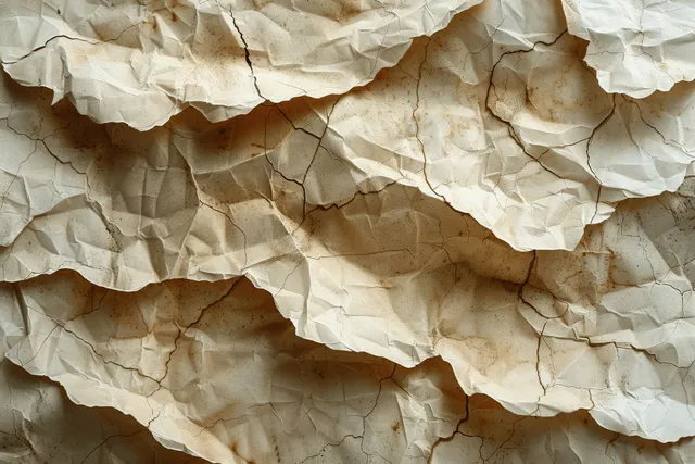 Beige crumpled paper sheets with worn folds and faded grain texture filling the frame from a top view.