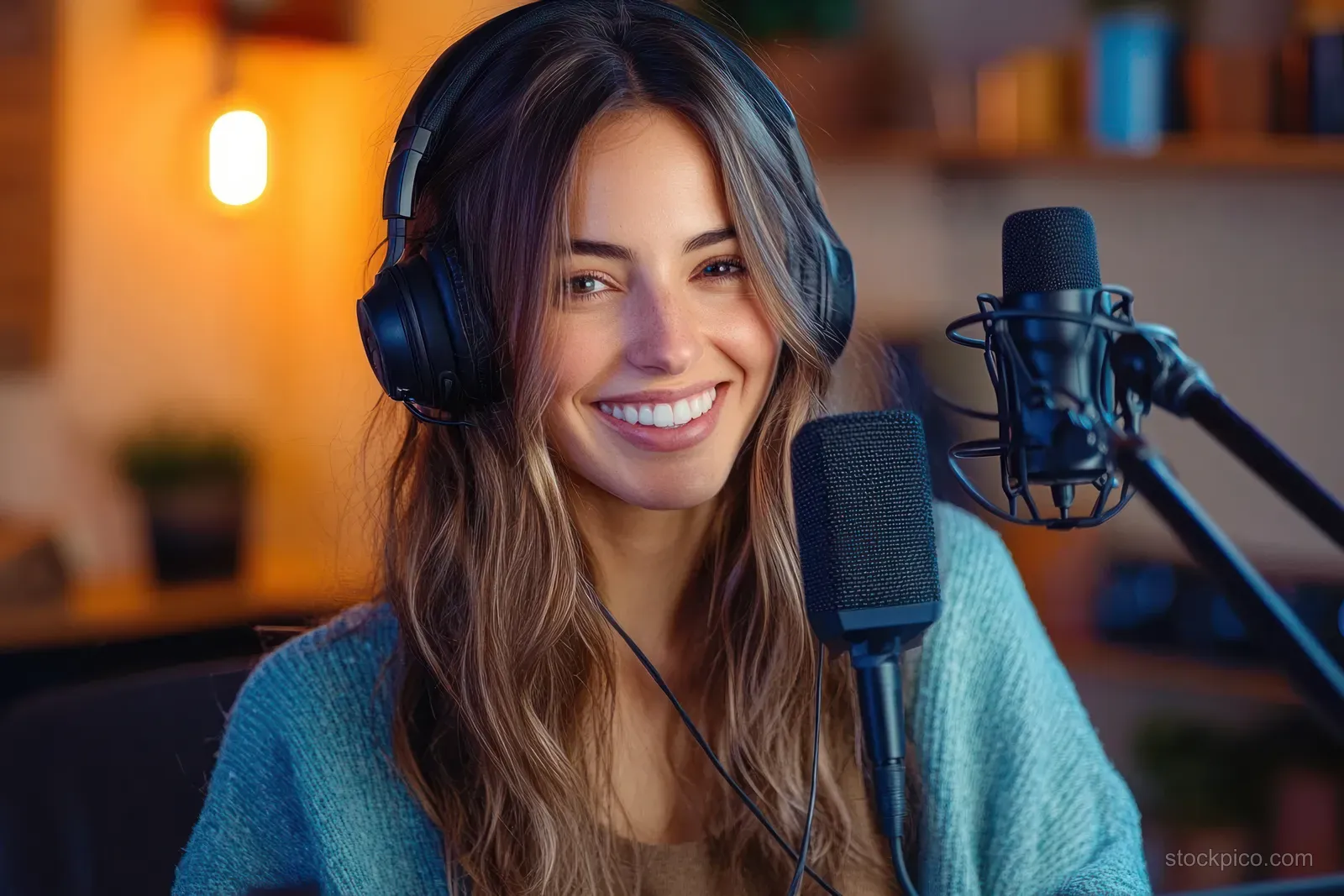 A woman wearing headphones speaks into a studio microphone at her home podcast setup.