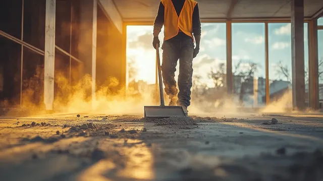 Construction worker in orange vest sweeps a dusty floor inside a building as sunlight beams through large windows.