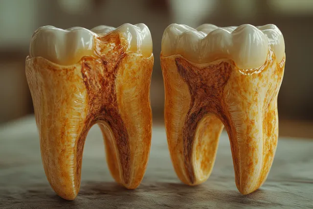 Cross-section dental diagram showing healthy tooth enamel and decayed tooth roots