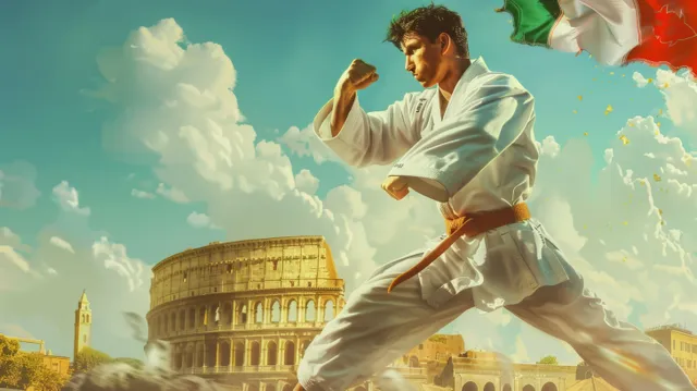 Karate practitioner performs kata in white gi before the Colosseum under dramatic clouds