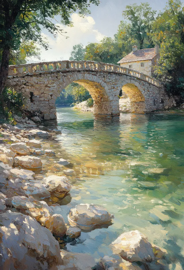Impressionist View of an Ancient Stone Bridge Over Clear Green Water