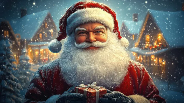 Santa Claus in a red suit holds a wrapped gift as snowy village houses glow in the night.