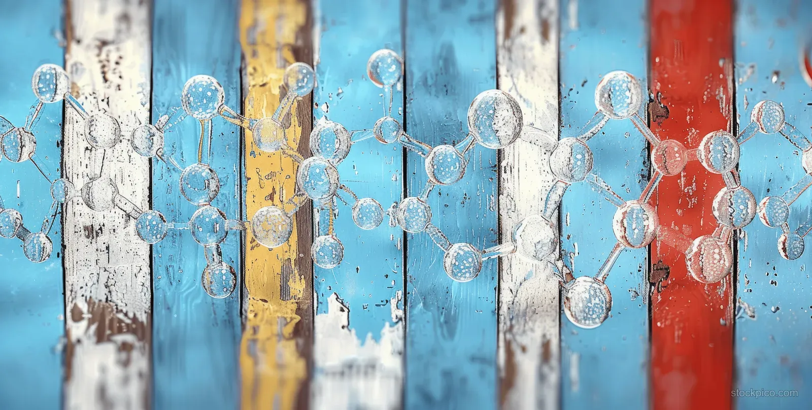 Connected molecular sphere nodes resembling water droplets overlay weathered blue, red, and yellow panels.