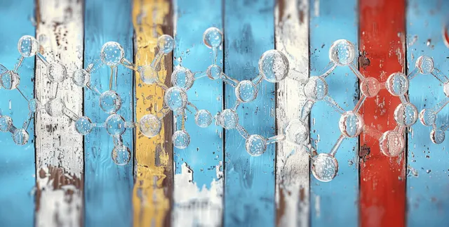 Connected molecular sphere nodes resembling water droplets overlay weathered blue, red, and yellow panels.