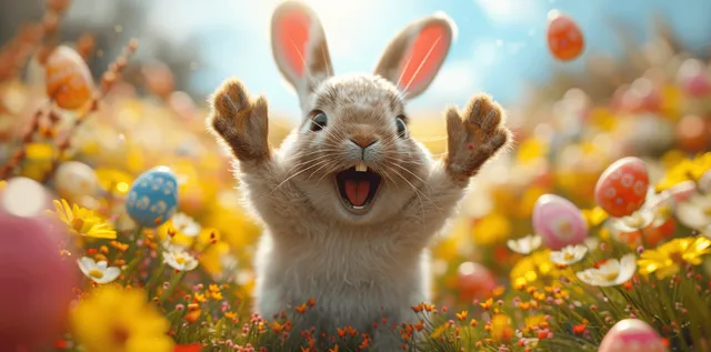 A white bunny jumps with raised paws above scattered colorful Easter eggs in a flower-filled spring garden.