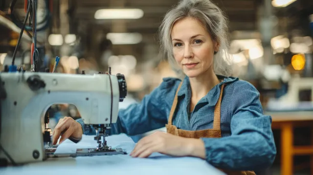 A sewing machine operator guides fabric under the needle in a textile workshop with blurred equipment in background.