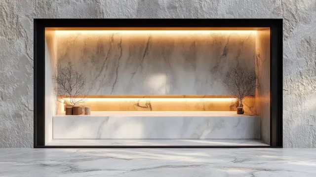 Minimalist marble alcove lit by warm sconces with two potted plants in calm interior scene