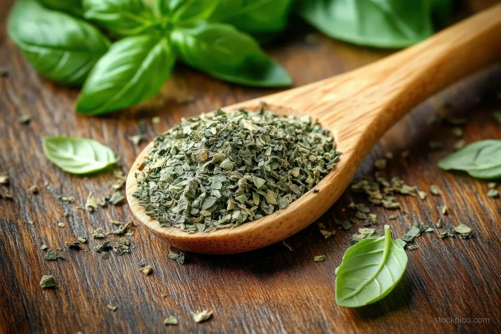 Wooden spoon filled with dried basil herbs with fresh basil leaves on a rustic wooden table.