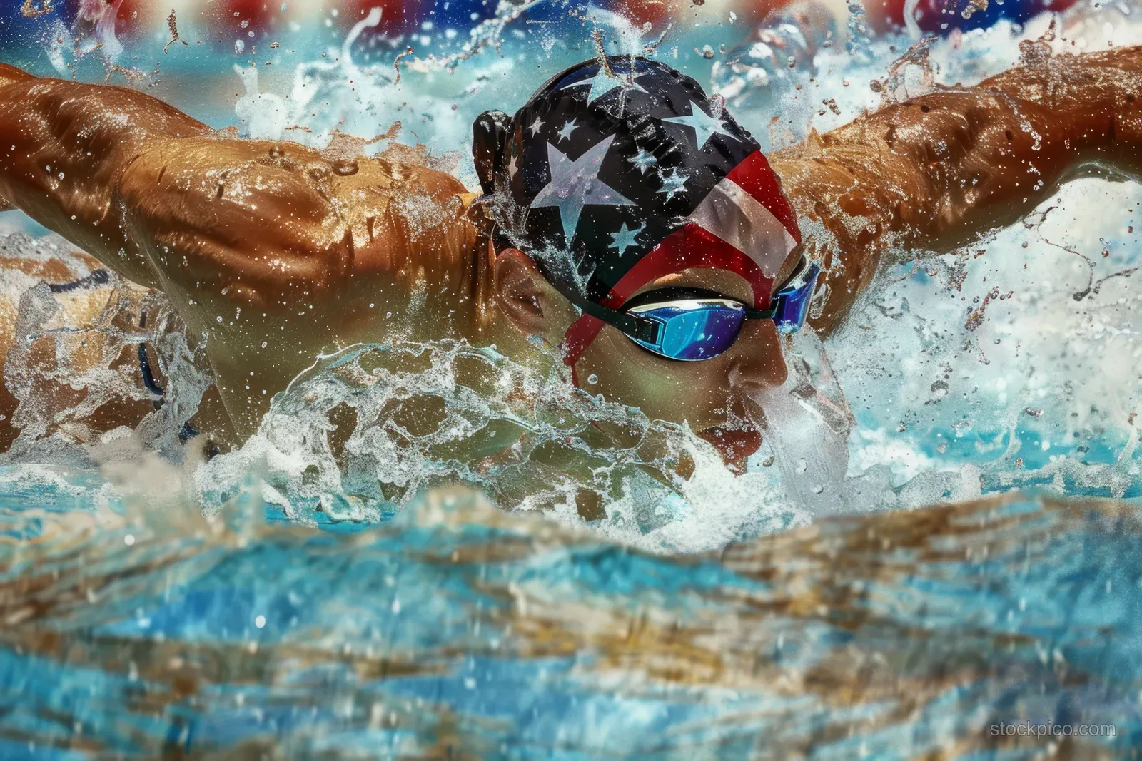 A male swimmer in breaststroke breaks the water surface, creating a large splash in a pool.