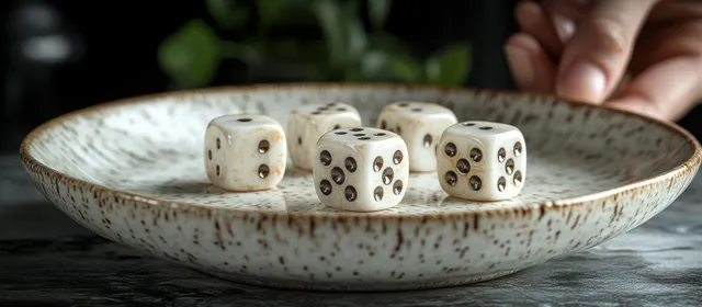 Islamic dice debate concept: dice on a bowl with hands adjusting the tabletop