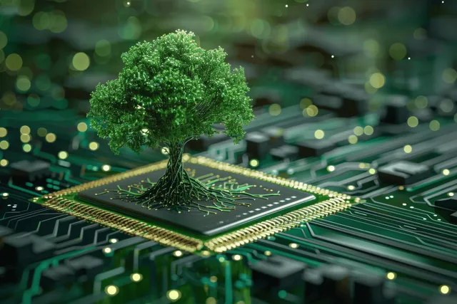 Tree Growing from a Computer Chip in a Green Circuit Landscape