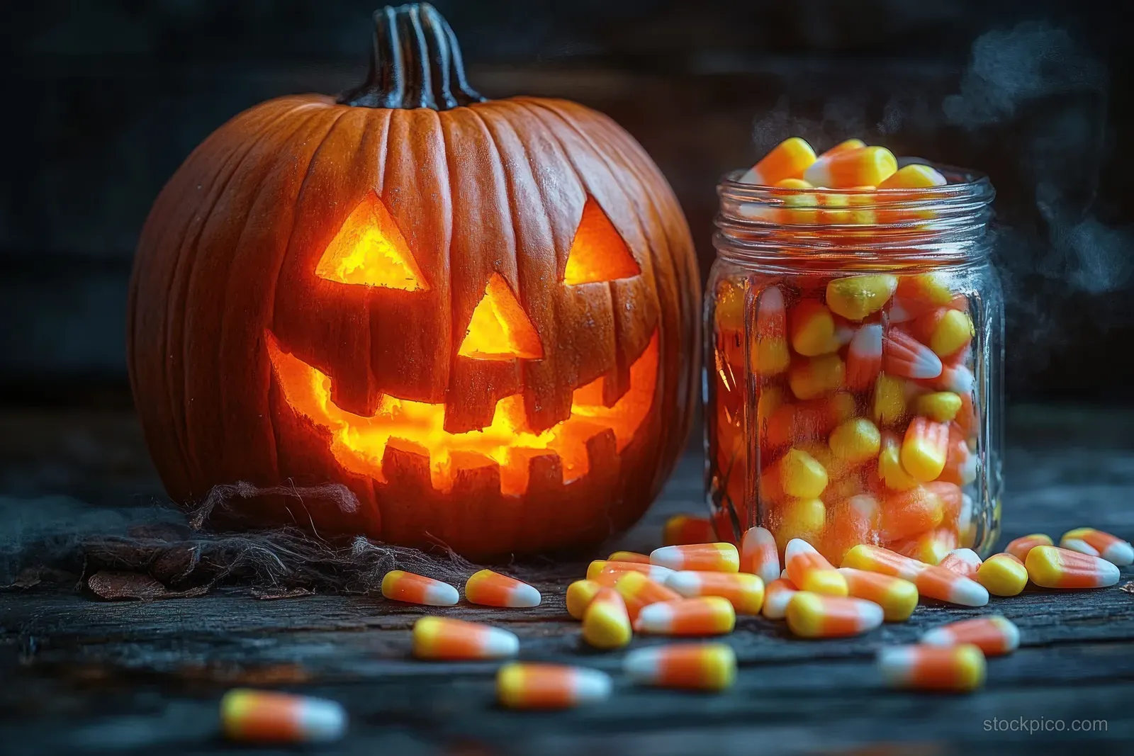 Glowing carved jack-o-lantern and a glass jar spilling candy corn on rustic wood with smoky Halloween background.