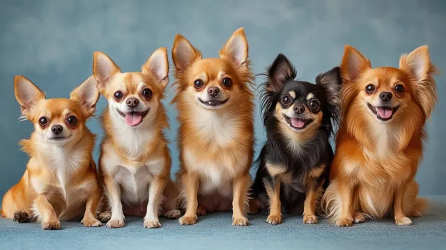 Five small dogs with cheerful expressions sit side by side on a soft blue surface against a matching studio background.