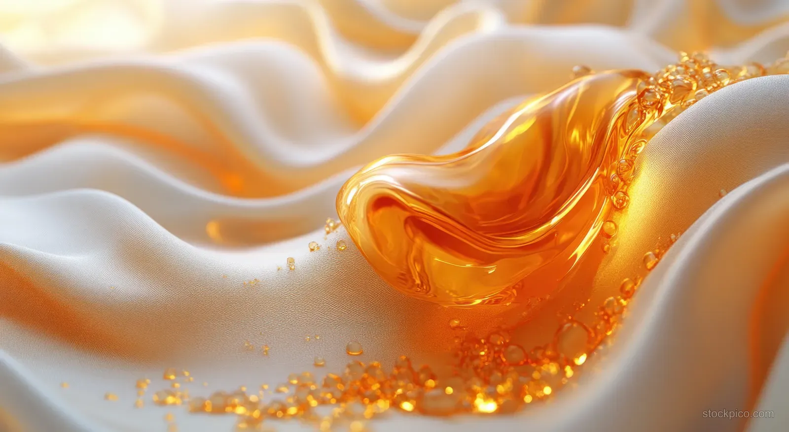 Golden skincare cream with oil droplets swirls on a silky white spa surface.