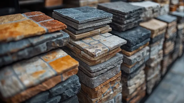 An architect’s hand choosing between stacked stone and brick texture tile samples in a showroom display.