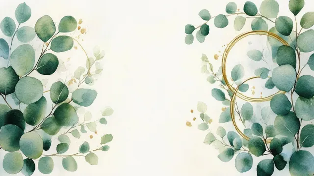 Watercolor eucalyptus leaves create two circular wreath frames with delicate gold speckles on a pale background.