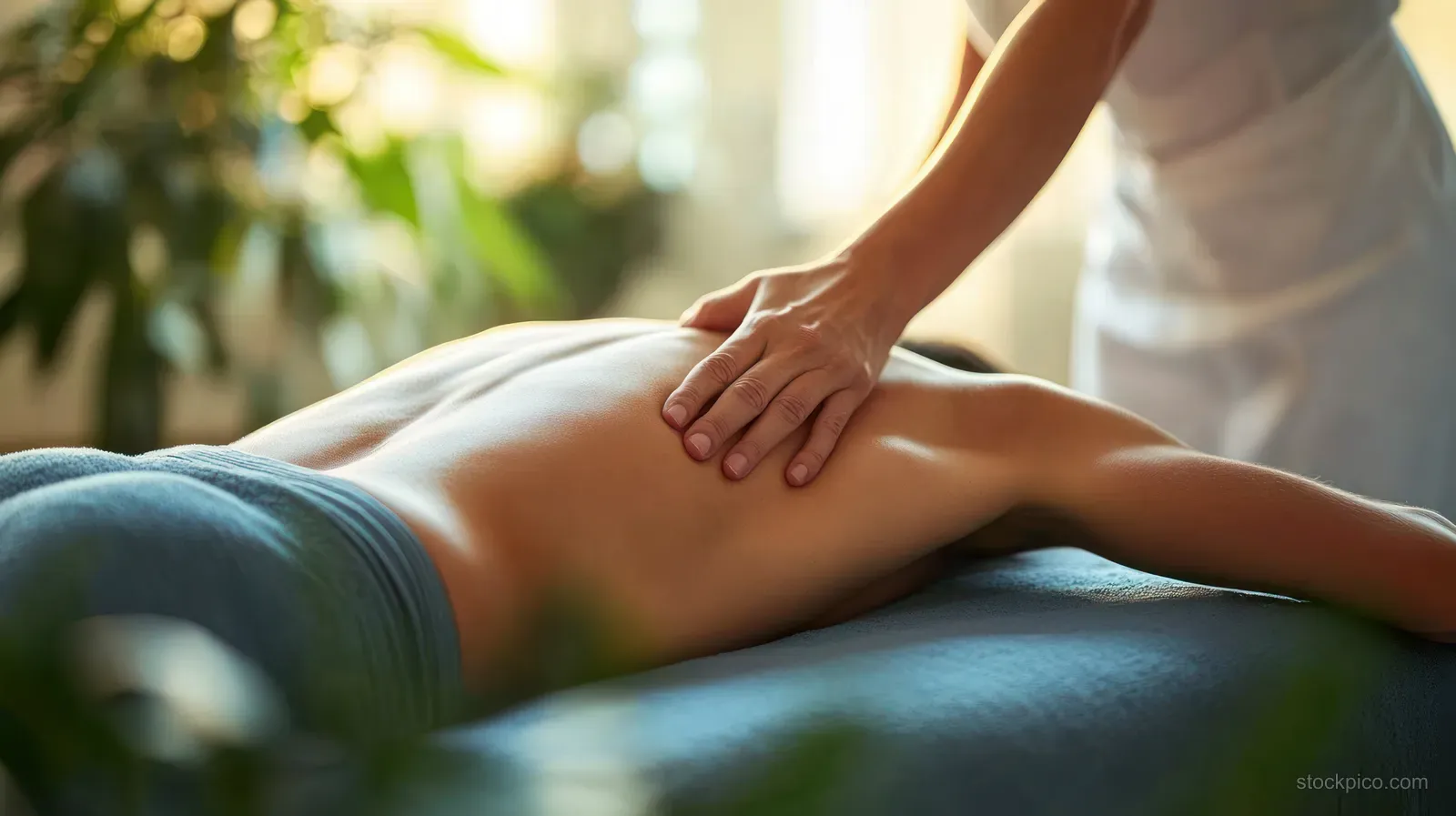 A therapist’s hands massage the athlete’s back on a padded table in a softly lit clinic.