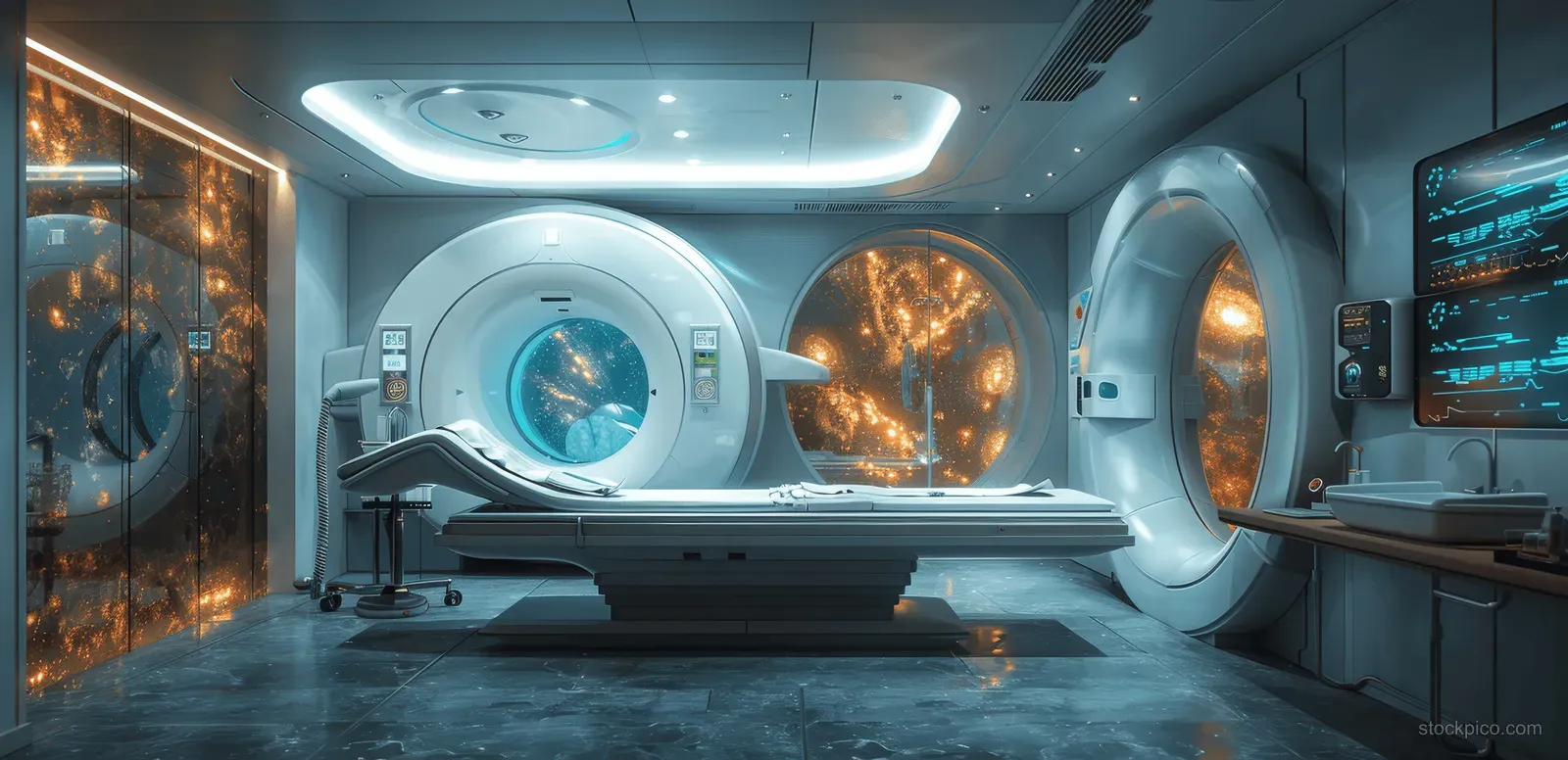 A futuristic MRI and CT scanner room with holographic diagnostic screens and monitors around the machine.