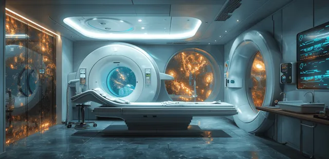 A futuristic MRI and CT scanner room with holographic diagnostic screens and monitors around the machine.