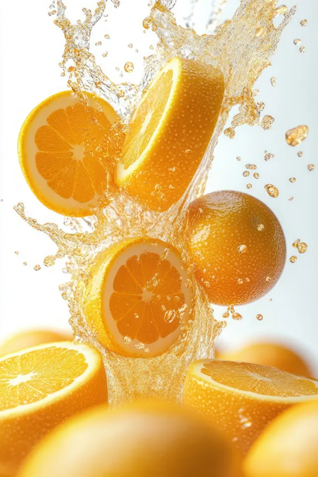 Orange juice splash erupts around floating sliced oranges on a white background.