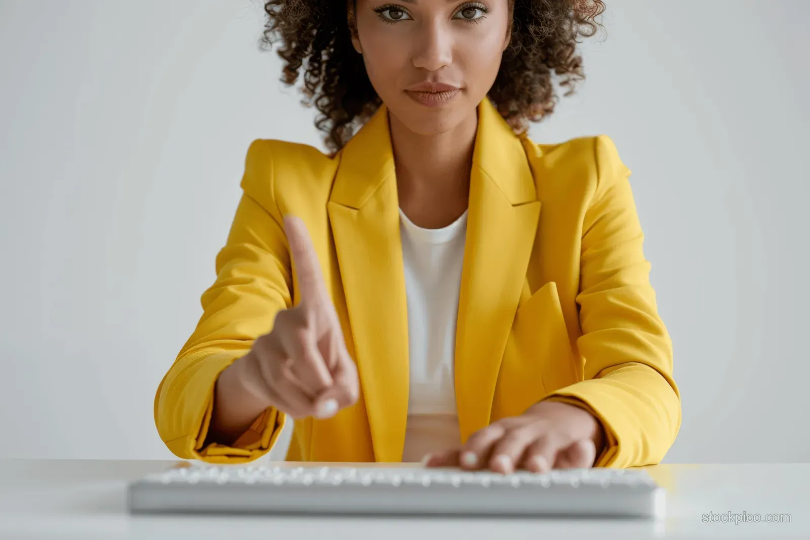 A woman in a yellow blazer types on a laptop keyboard at a white desk in a minimal office.