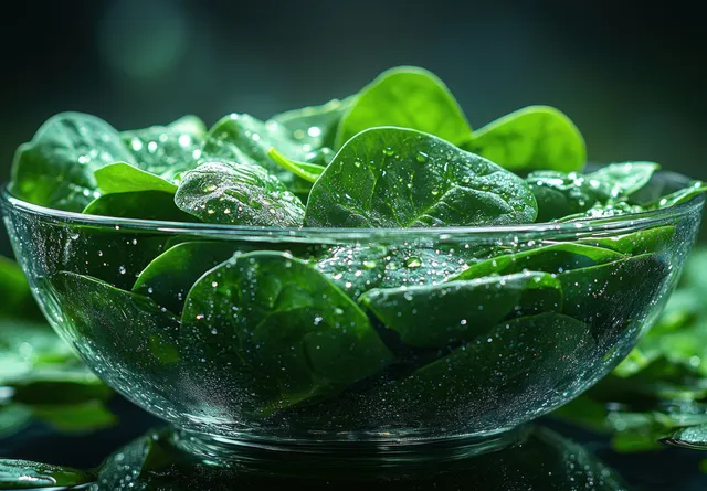 Fresh baby spinach leaves sit in a clear glass bowl with water droplets glistening under soft light.
