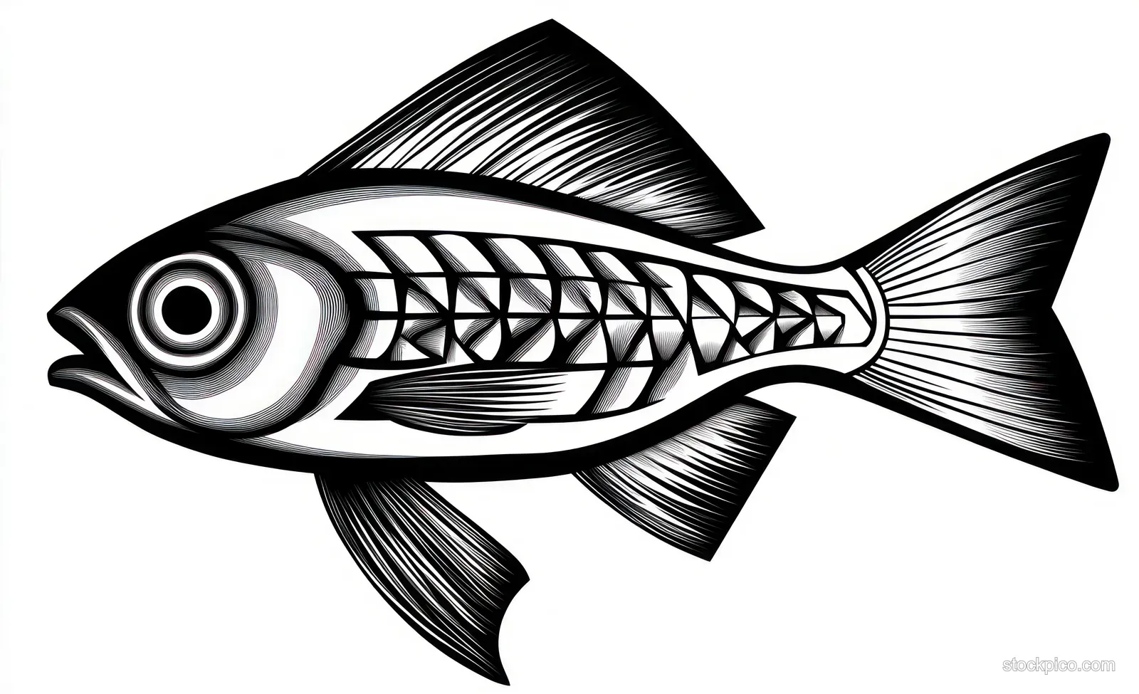 Monochrome side-profile fish illustration with a prominent eye, patterned scales, and textured fins.