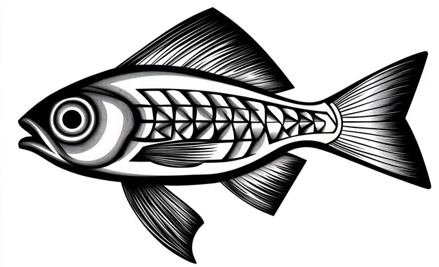 Monochrome side-profile fish illustration with a prominent eye, patterned scales, and textured fins.