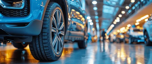 Blue SUV front wheel and bumper shown inside a lit dealership service bay with blurred cars behind.