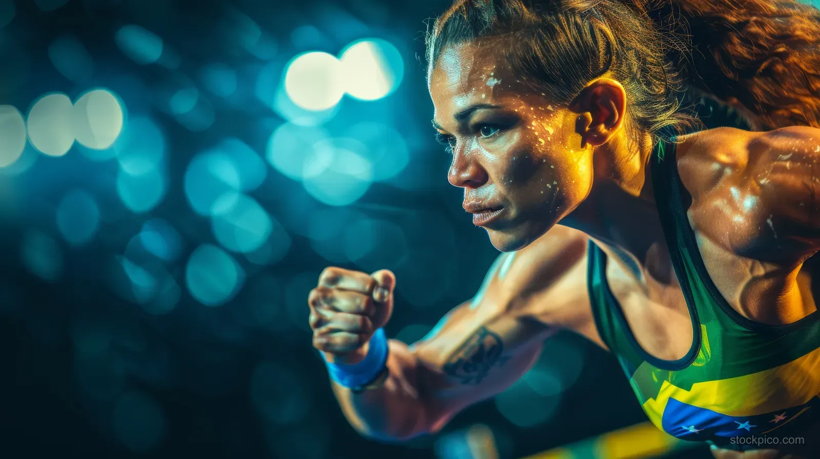 Brazilian female wrestler clenches her fists mid-bout in a neon-lit arena with blurred lights behind her.