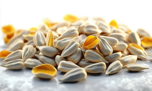 Pile of striped sunflower seeds on a neutral surface with several cracked shells exposing bright yellow kernels.