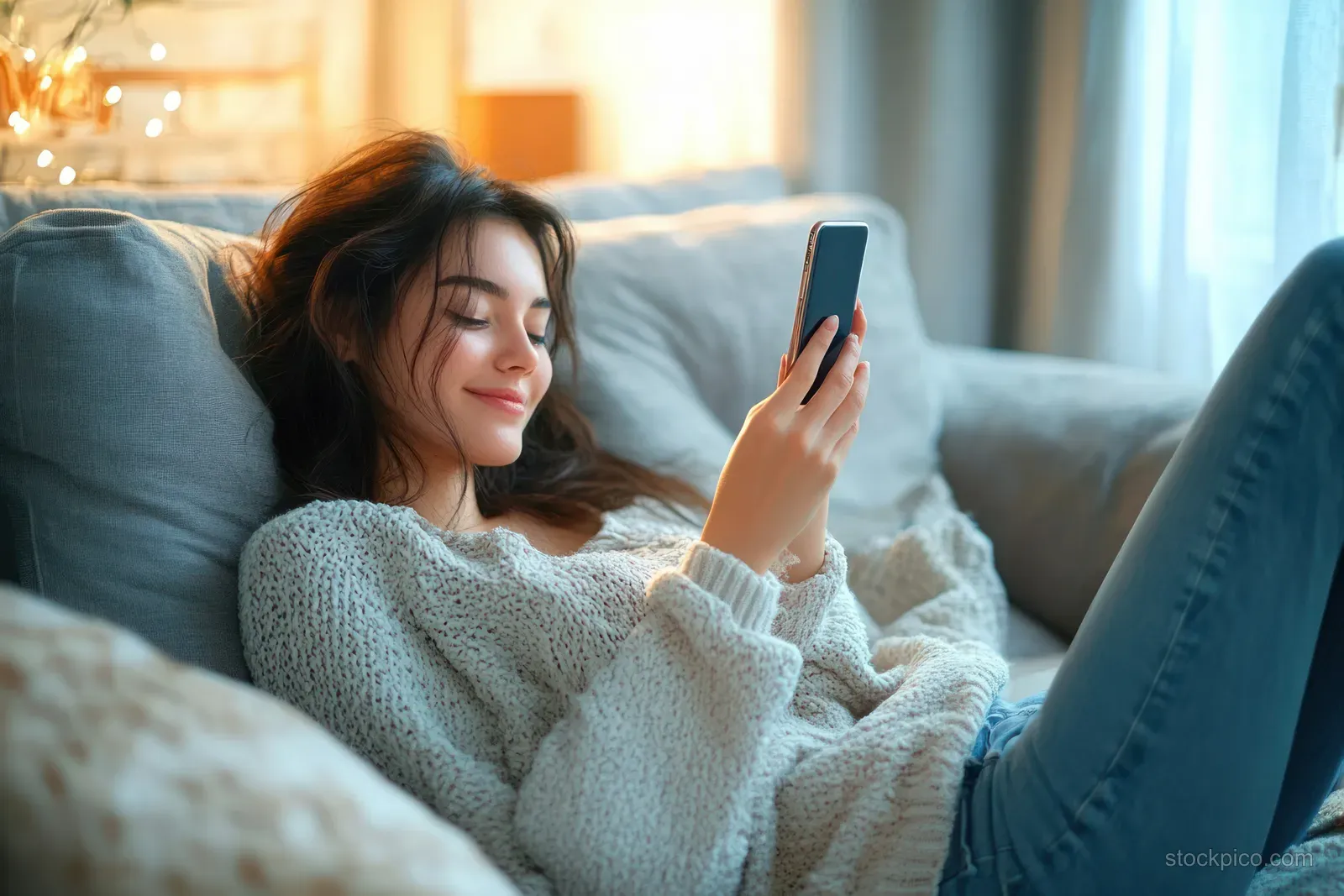 A smiling young woman relaxes on a gray couch indoors while holding a smartphone.