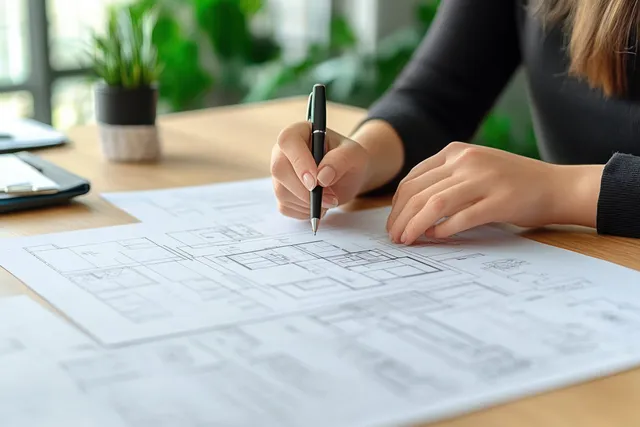 A woman signs and marks renovation notes on architectural floor plans during a client meeting in an office.