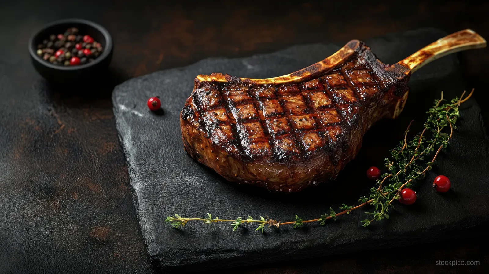 Bone-in tomahawk steak with char marks on a black slate board, garnished with thyme and red peppercorns next to a peppercorn bowl.